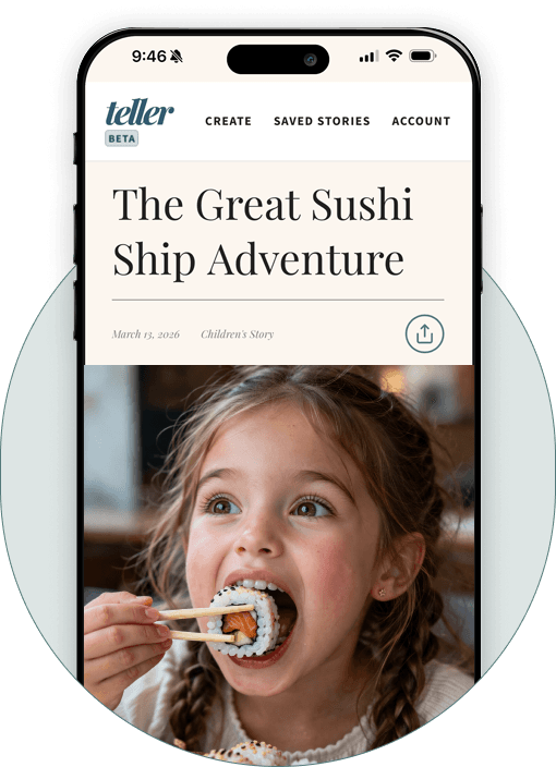 Teller app showing The Great Sushi Ship Adventure, a children's story with a family sushi photo.