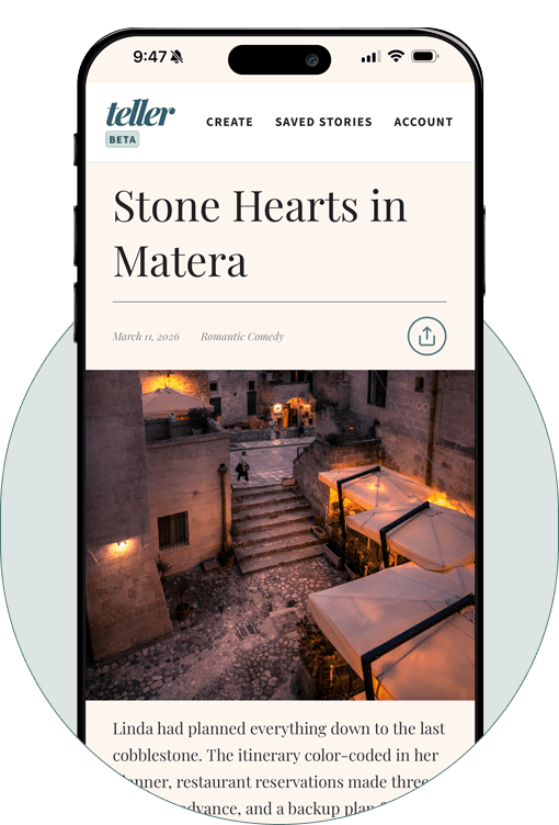 Teller app showing Stone Hearts in Matera, a Romantic Comedy story with a night photo of a European town.